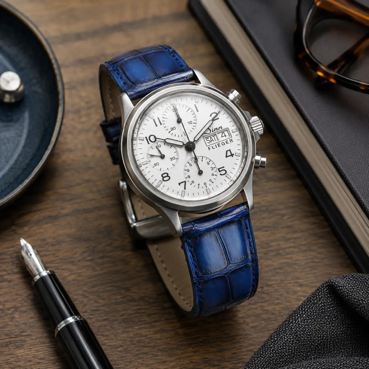 Premium blue crocodile grain leather watch strap with a cream leather lining, pictured on a Sinn Flieger watch next to a luxury fountain pen on a wooden desk.