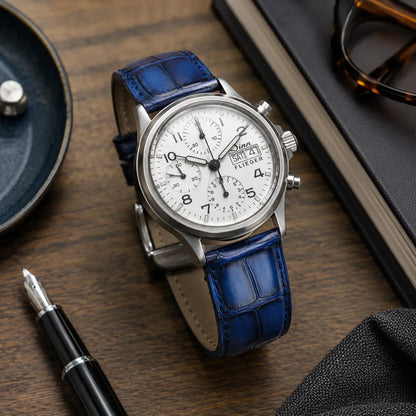 Premium blue crocodile grain leather watch strap with a cream leather lining, pictured on a Sinn Flieger watch next to a luxury fountain pen on a wooden desk.