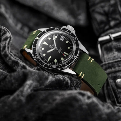 20mm olive green leather watch strap fitted to Yema Superman dive watch, handcrafted vintage leather watch band with rugged heritage styling.