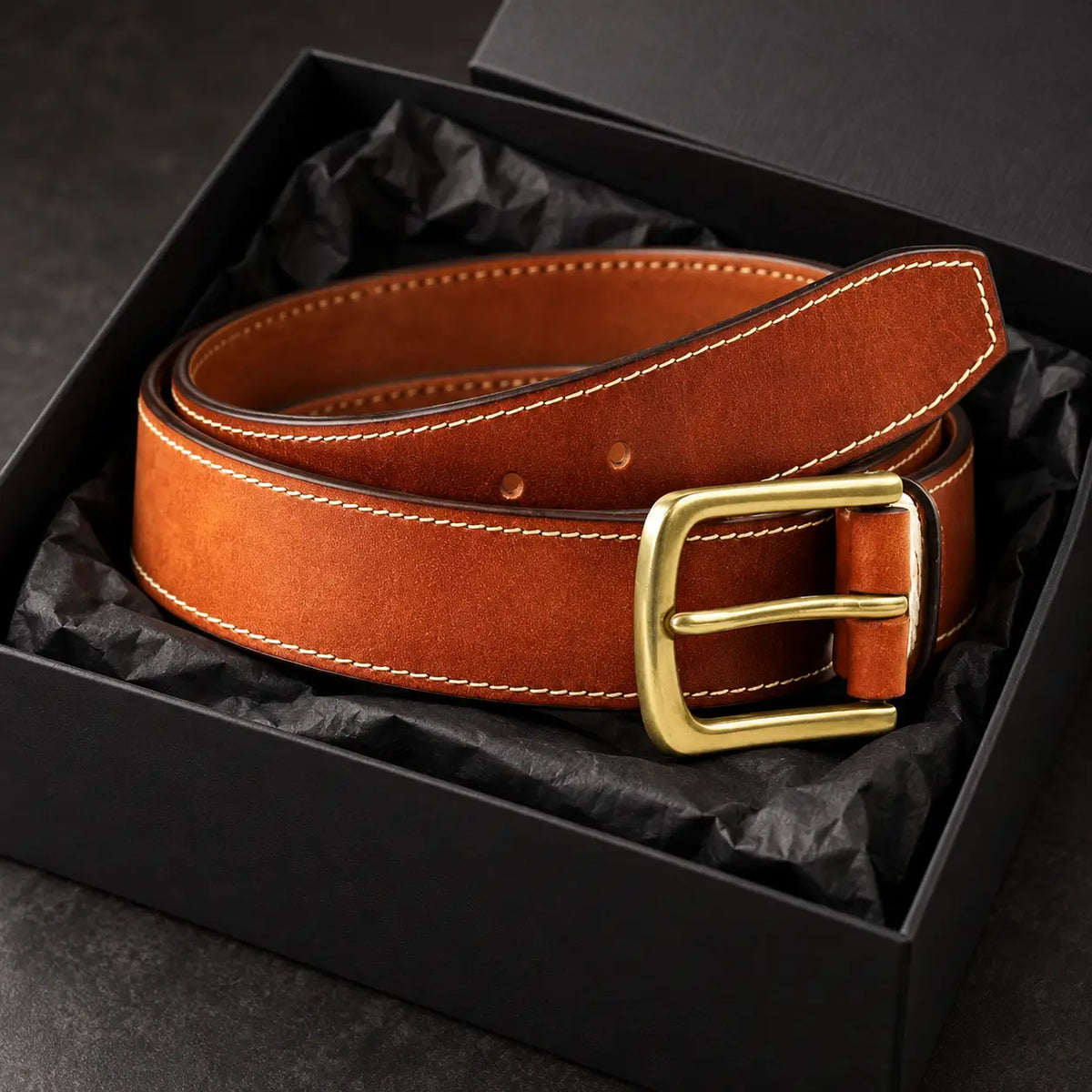 Cognac brown leather men’s belt with white stitching and antique brass buckle presented inside a premium black gift box.
