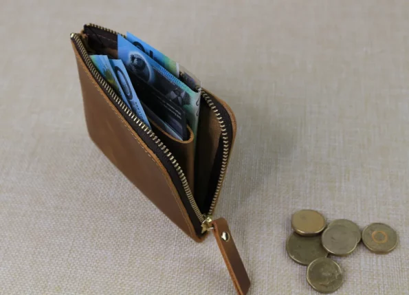 Display of Small Brown Zip Wallet with Cash Pocket