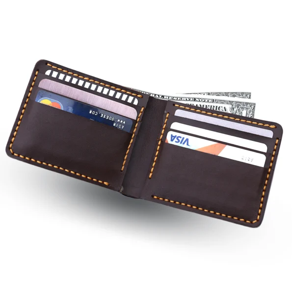 Handmade Dark Brown Bifold Wallet Filled