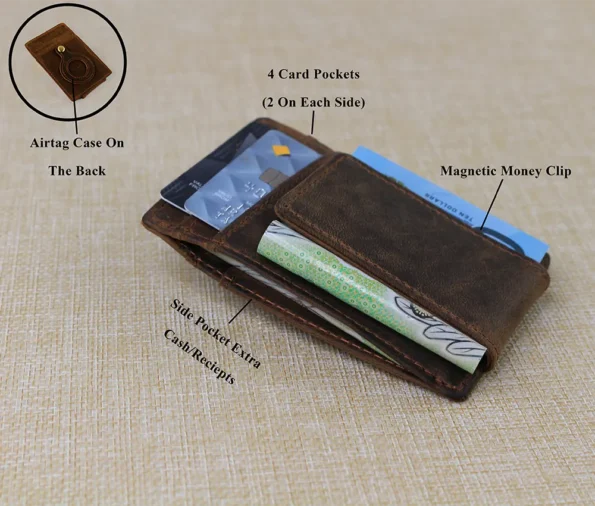 Display of Money Clip Card Holder Distressed Brown Leather