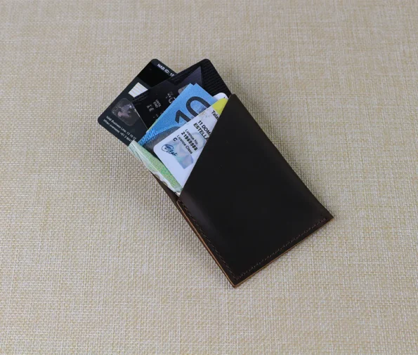 Display of Dark Brown Leather Card Sleeve