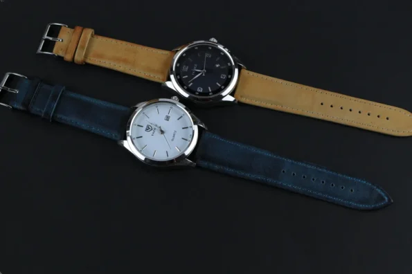 Denim Blue and yellow Aniline Leather Watch Straps in a display