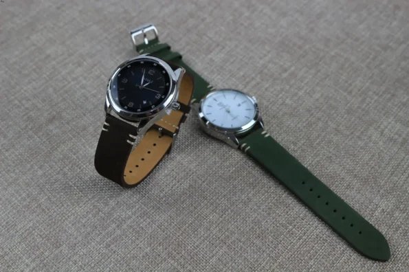 A perfect display of Dark Brown and Olive Green Nubuck Leather Watch Strap