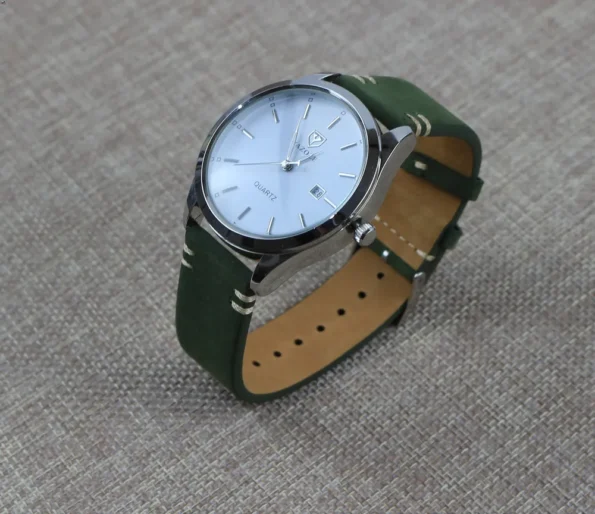 Display of Olive Green Nubuck Leather Watch Strap
