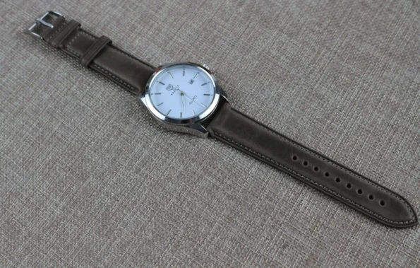 Dark Grey Vegetable Tanned Leather Watch Strap with dress watch of white dial