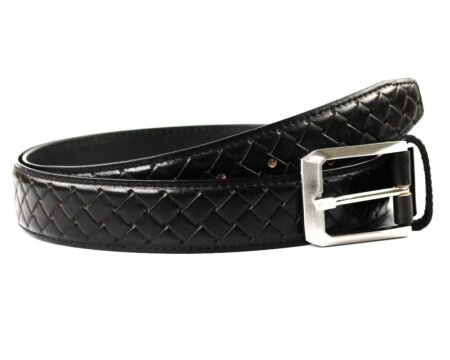 black designer belt with silver pin buckle made by TASCONY