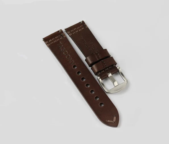 Back side of Dark brown vegetable tanned Leather watch strap showing quick release spring br
