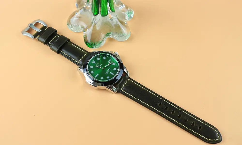 Green waxed leather watch strap