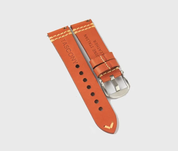 Backside/inside of Orange Vegetable Tanned Leather Watch Strap
