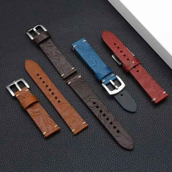 Brown Flower Pattern Leather Watch Strap Quick Release